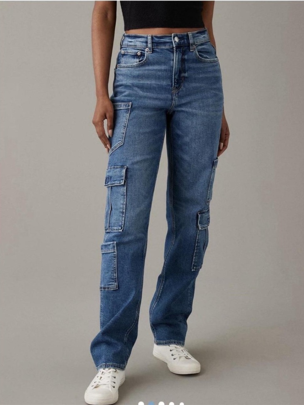 American Eagle Super High Rise Baggy Straight Cargo Jeans Womens Long 8